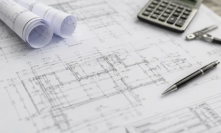 Rolled architectural drawings on a drafting desk